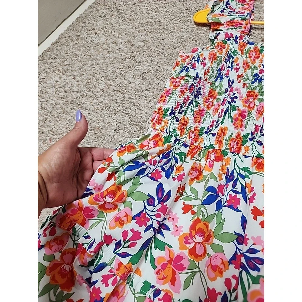 PrettyGarden Floral Smocked Midi‎ Dress Large Ruffle Sleeveless Multicolor NWT